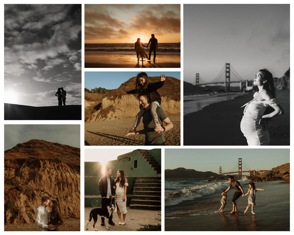 Collage of family and maternity photography sessions at San Francisco's Baker Beach