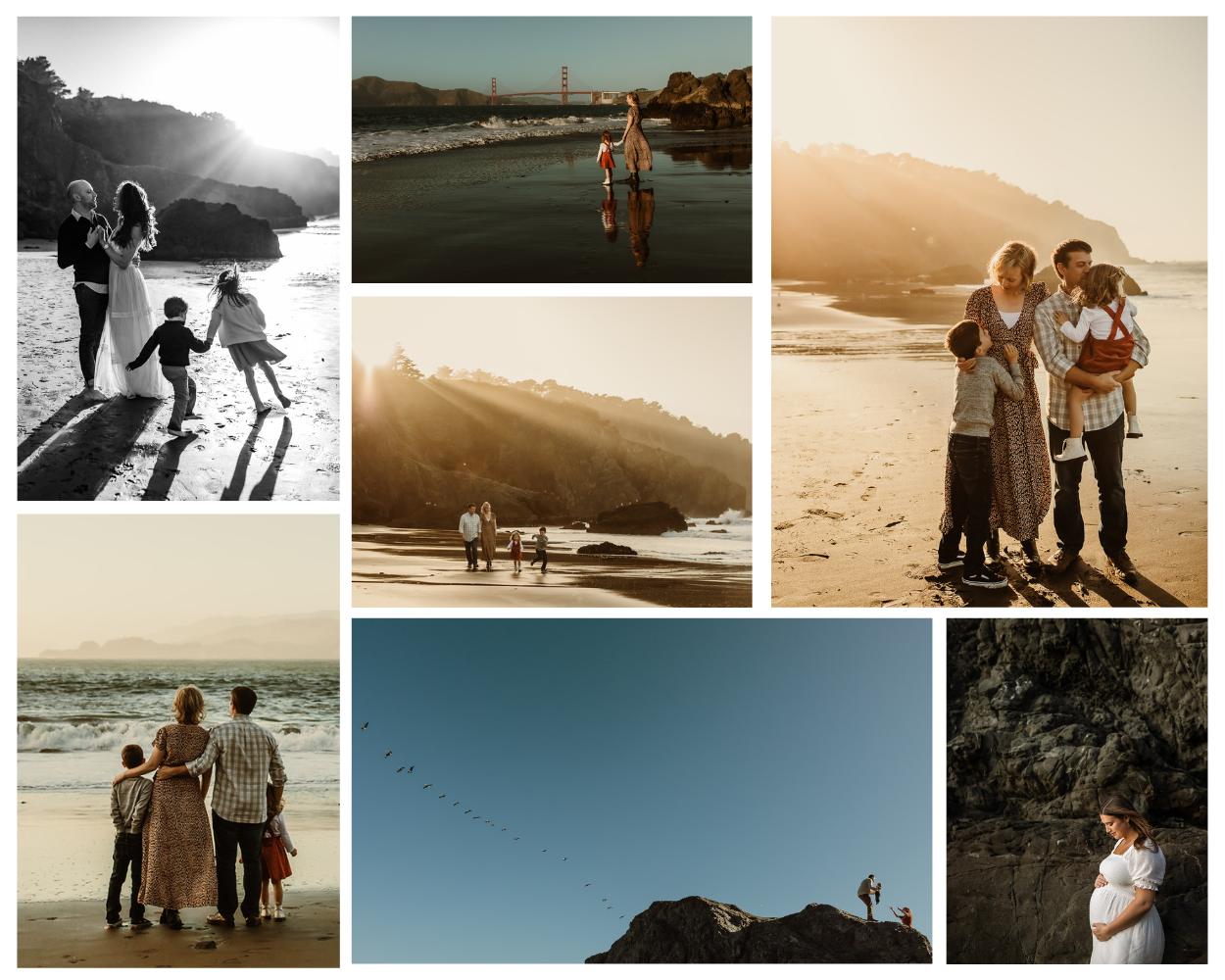 Collage of family and maternity photography sessions at China Beach in San Francisco