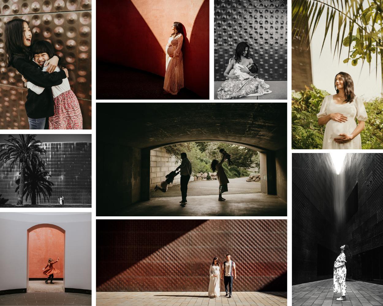 Collage of family and maternity photography sessions at De Young Museum skyspace and music concourse