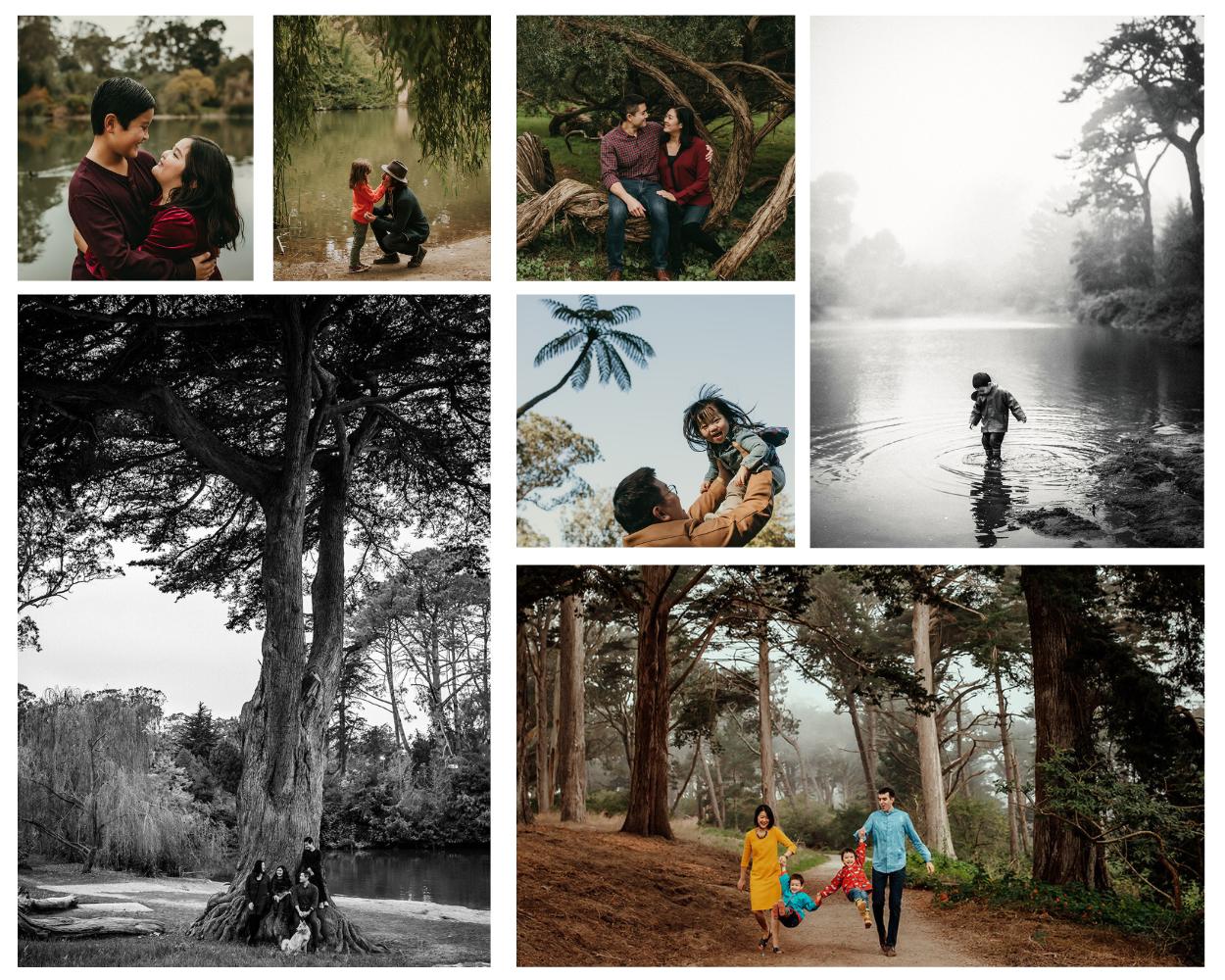 Collage of family photography sessions at Elk Glen and Mallard Lake in Golden Gate Park