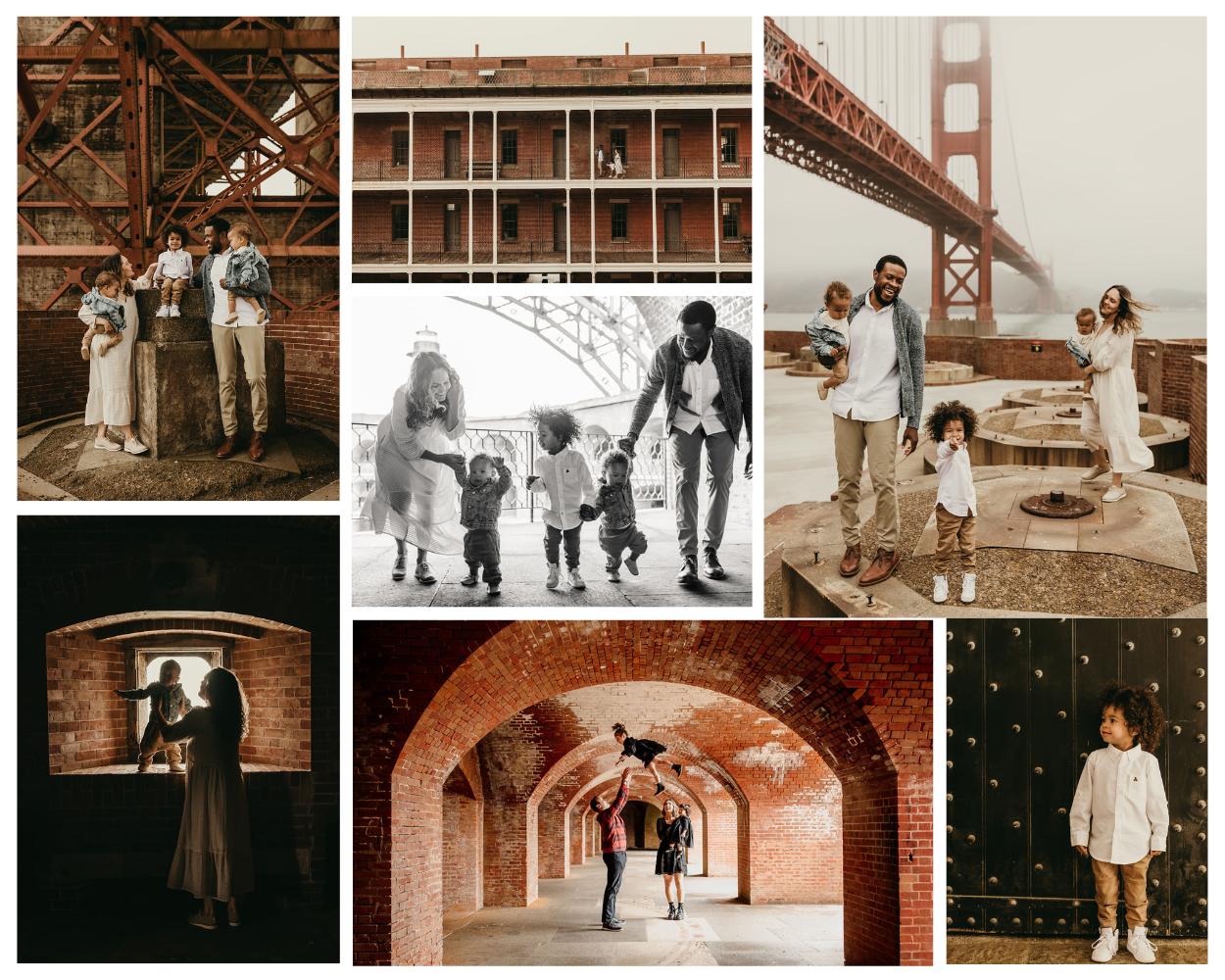 Collage of family photography sessions at Fort Point in San Francisco