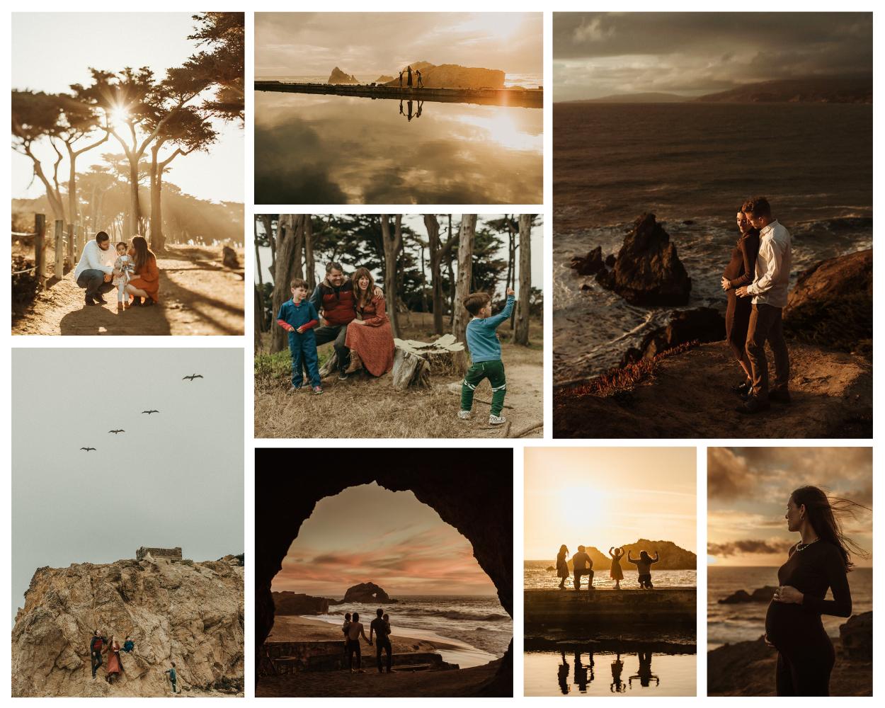 Collage of family and maternity photography sessions at Lands End and Sutro Baths in San Francisco