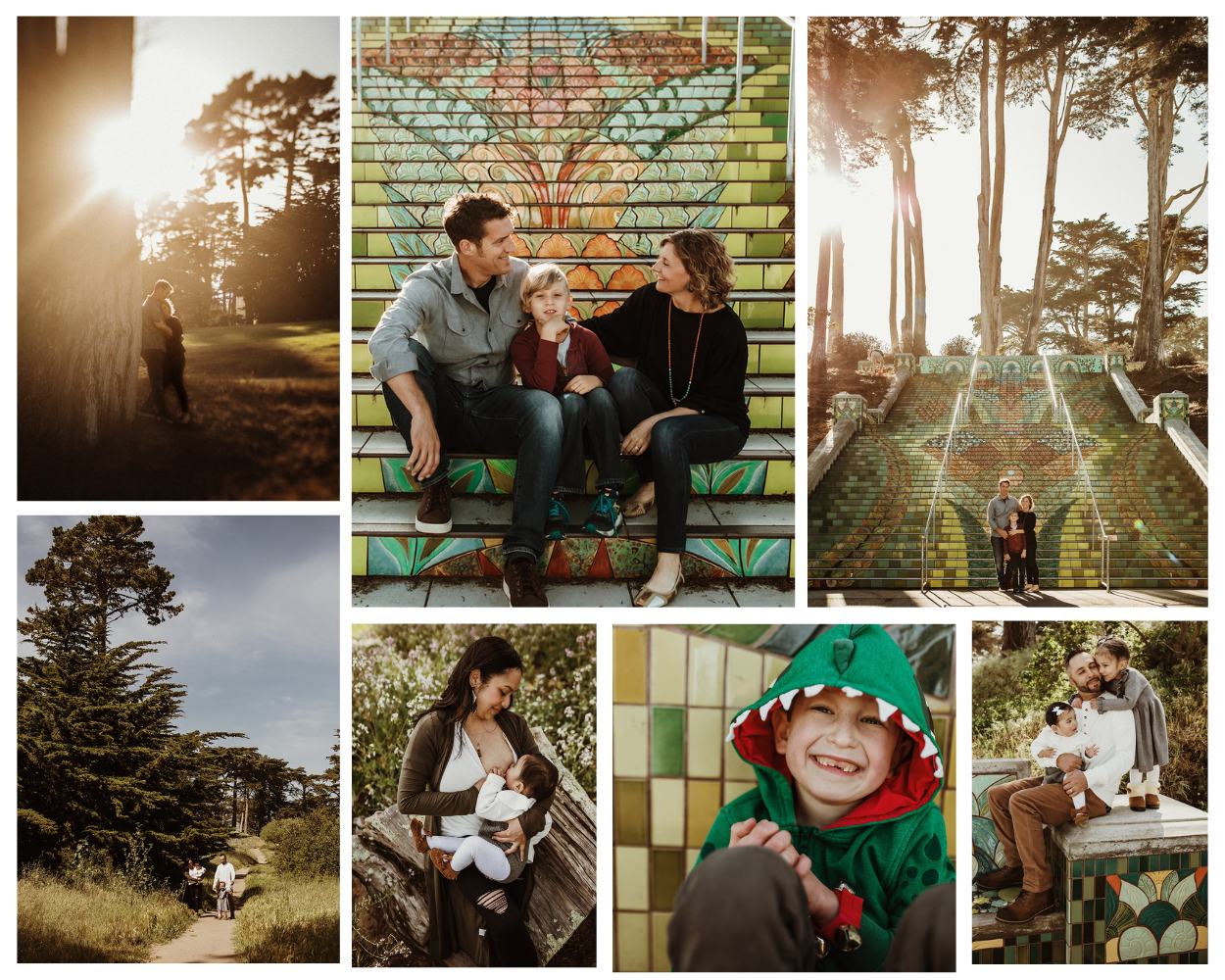 Collage of family photography sessions at Lincoln Park mosaic steps on California Street in San Francisco