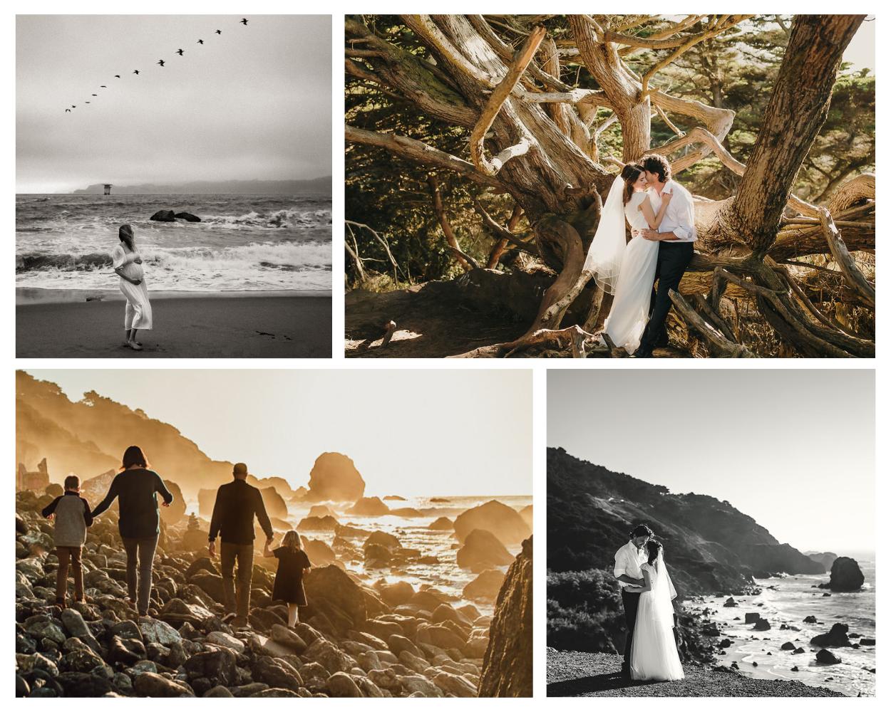 Collage of family, maternity and elopement photography sessions at Mile Rock Beach in SF
