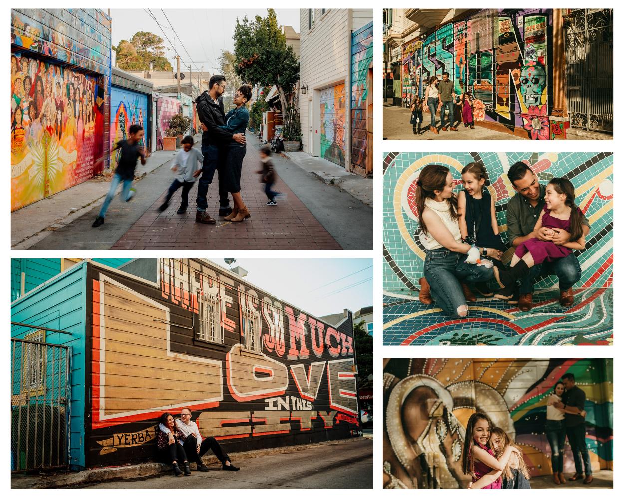 Collage of family and sessions in front of colorful murals in the Mission District of San Francisco