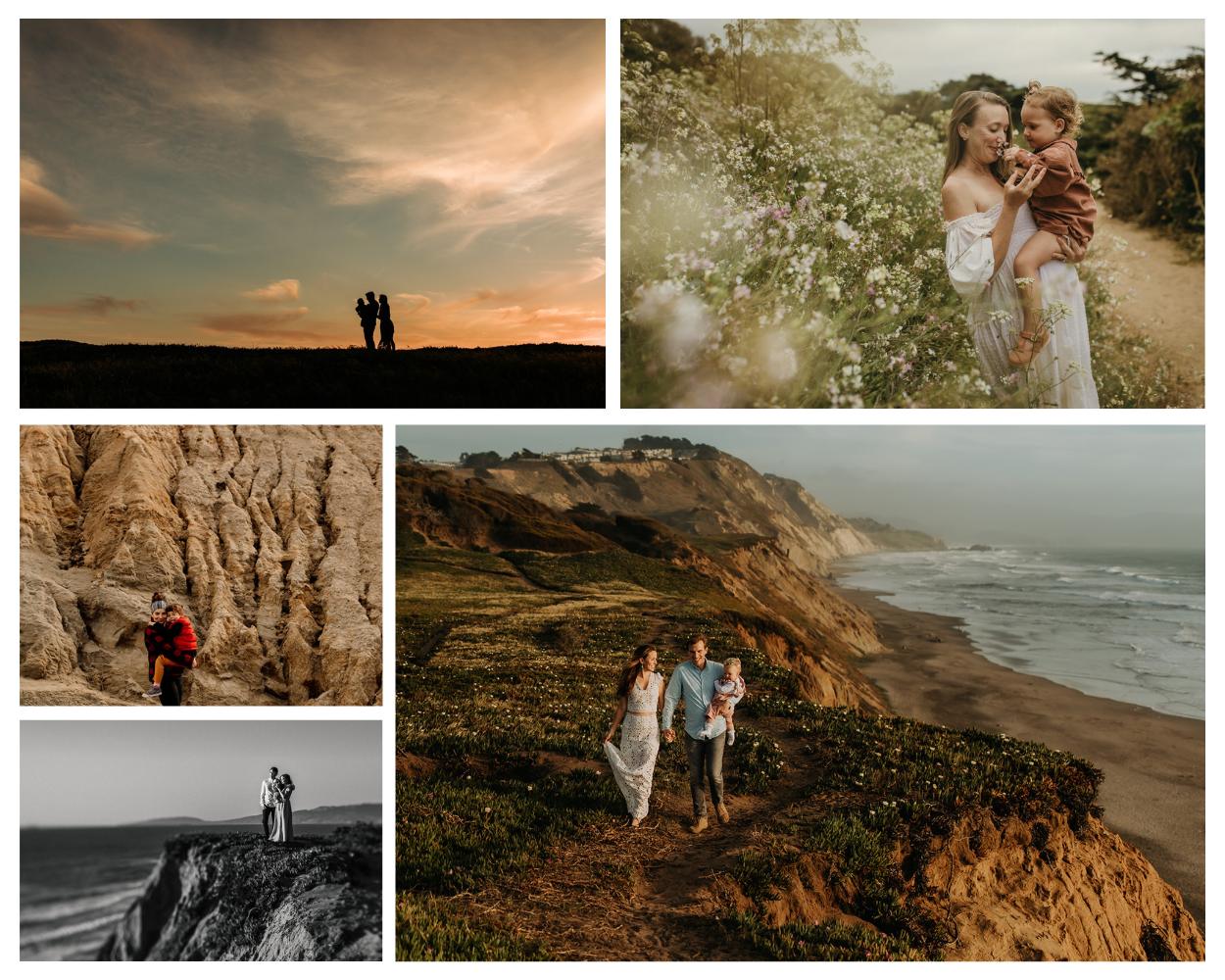 Collage of family and maternity photography sessions at Thorton Beach and Bluffs in San Francisco