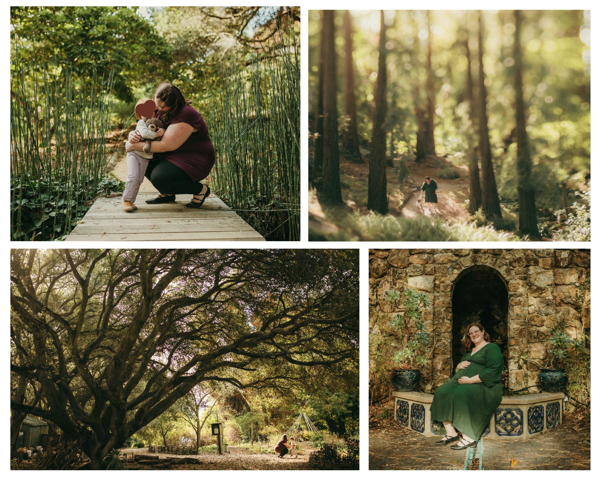 Collage of best East Bay locations for family photo session at Blake Garden location in East Bay Berkeley California