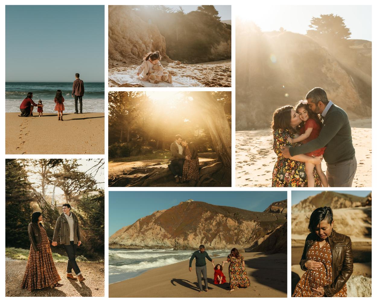 Family and maternity photography session at Gray Whale Cove. Beach photos and photos in forest
