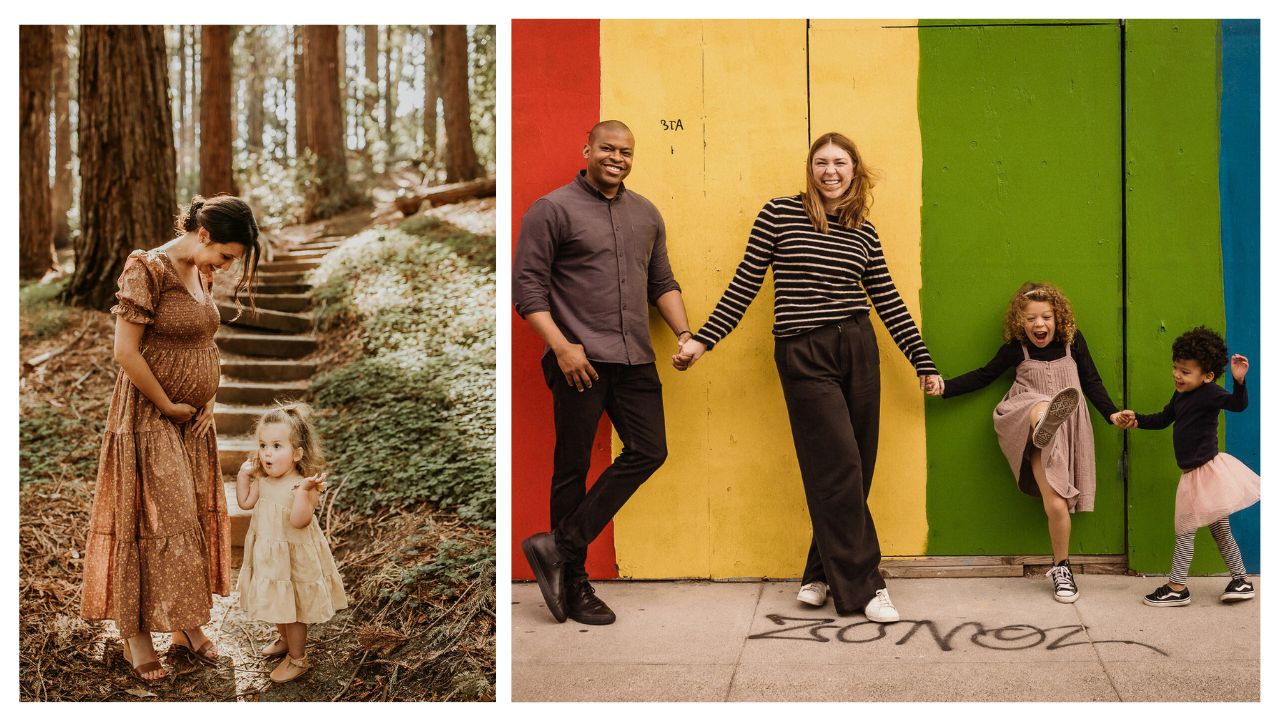 collage of San Francisco family photo sessions.  One in front of color block mural and other in the redwoods