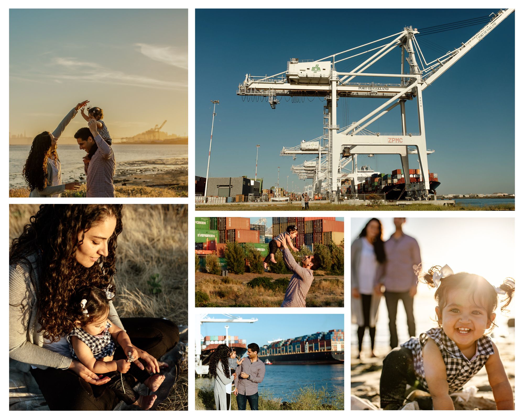 Collage of best East Bay locations family photography session at Port of Oakland park East Bay