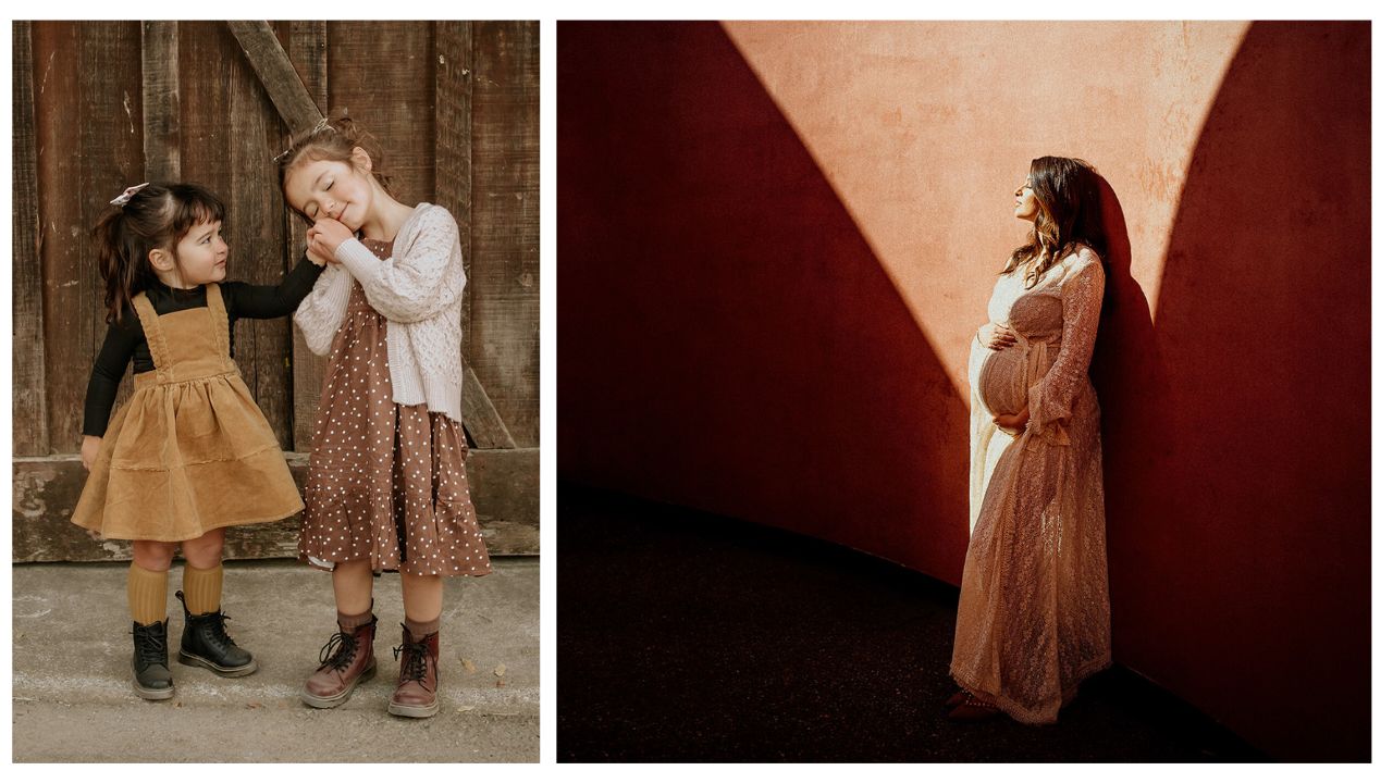 Collage of photo session imagery of sisters holding hands and pregnant maternity model