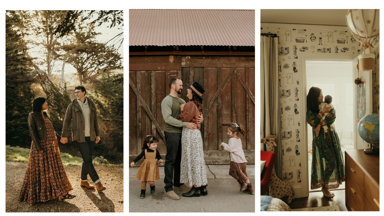 Collage of Couples and families in boho style wardrobe for photography sessions