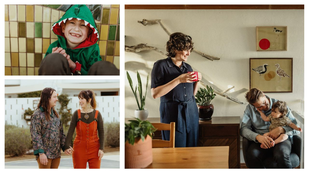 Collage of photos. Child portrait in dinosaur hoody, couple holding hands and family in home lifestyle photo.