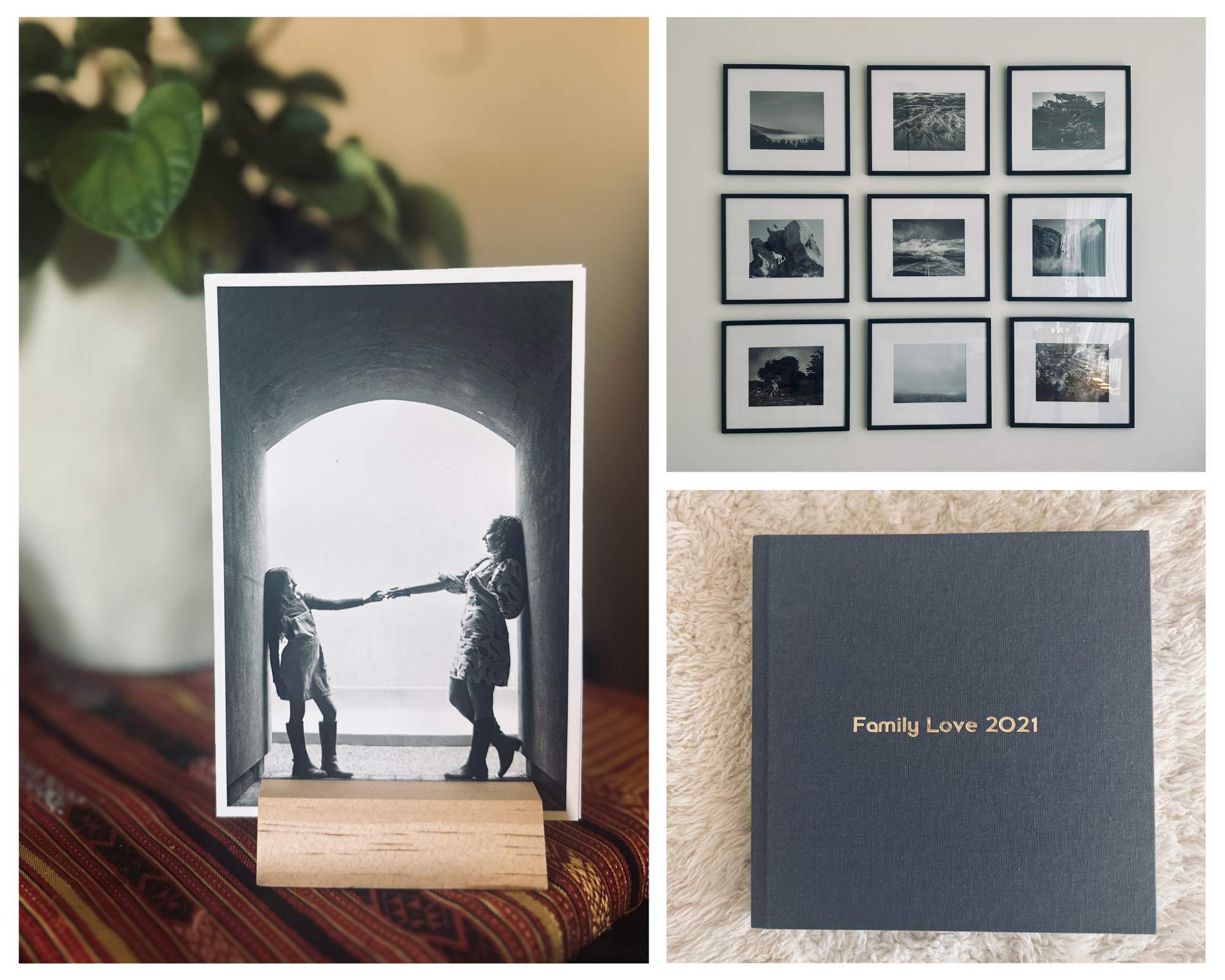 Photo prints and products displayed in Ashley Kaplan Photography's home including a gallery wall, wood block and photo print and an album